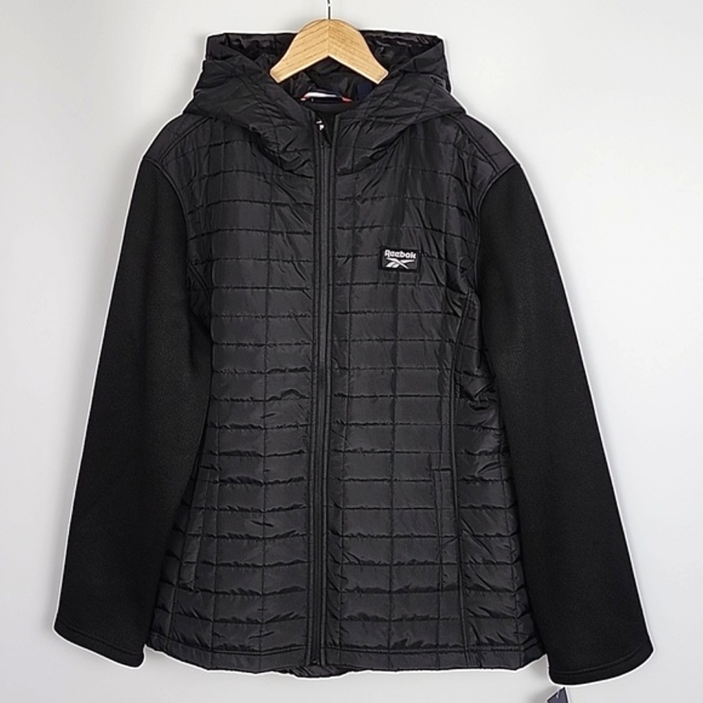 NWT Reebok Women's Quilted Hybrid Puffer Zip Up Hooded Jacket Black 3X